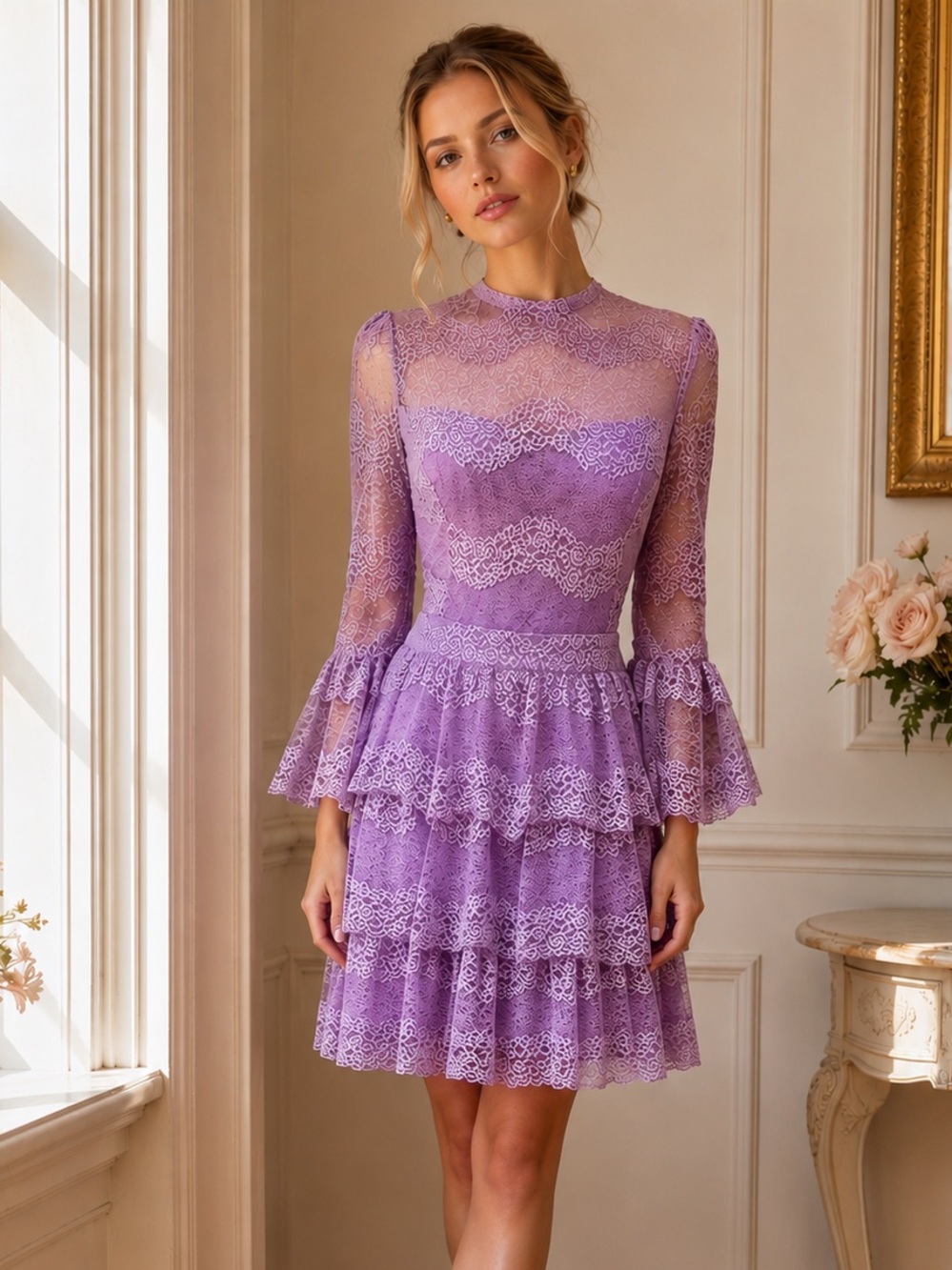 NWOT BEBE Lavender Lace Tiered Dress